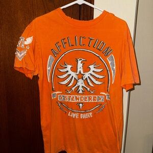 Affliction Men's Bold Orange Tee with Graphic Design